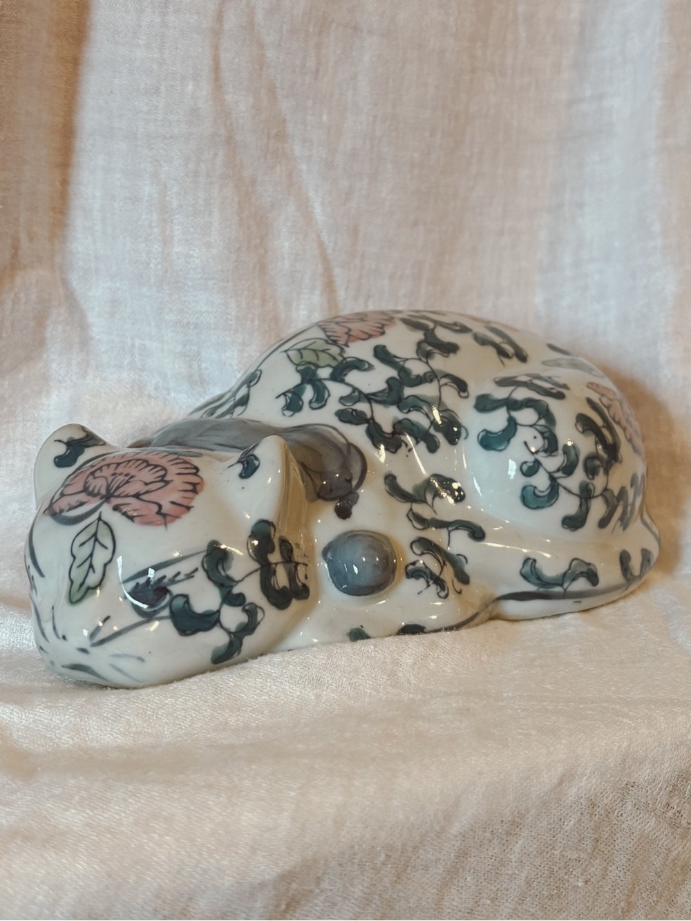 Ceramic Sleeping Cat Figurine with Floral Motif